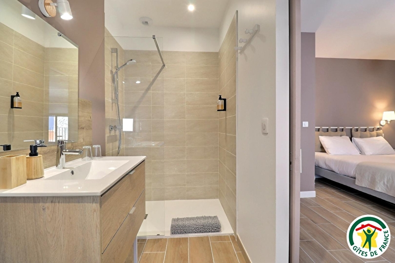 Salle d'eau : douche italienne, lavabo, wc
